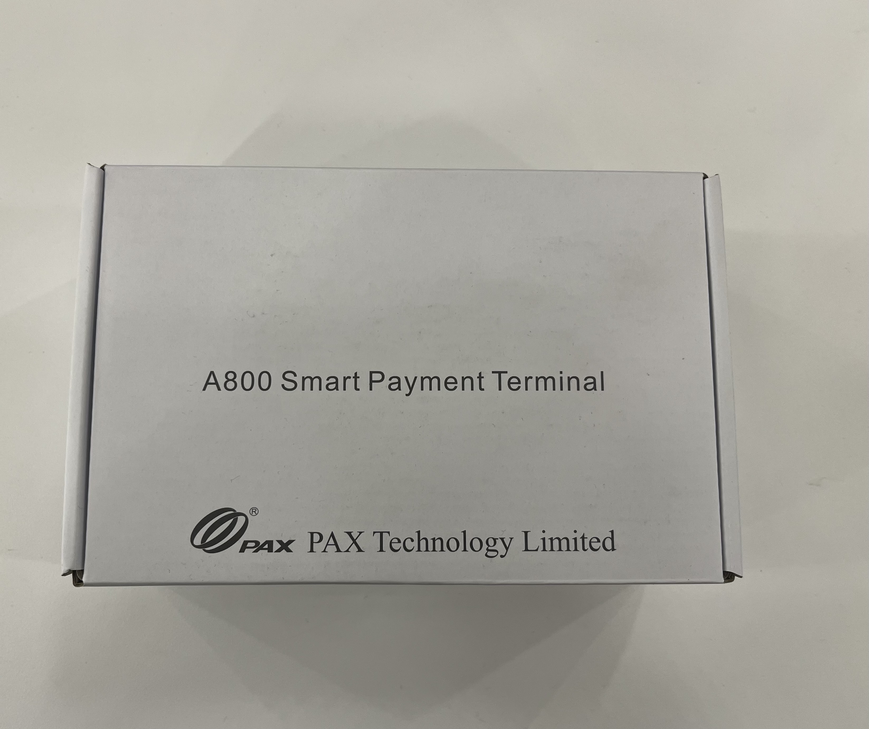 PAX A800 payment terminal in its original packaging