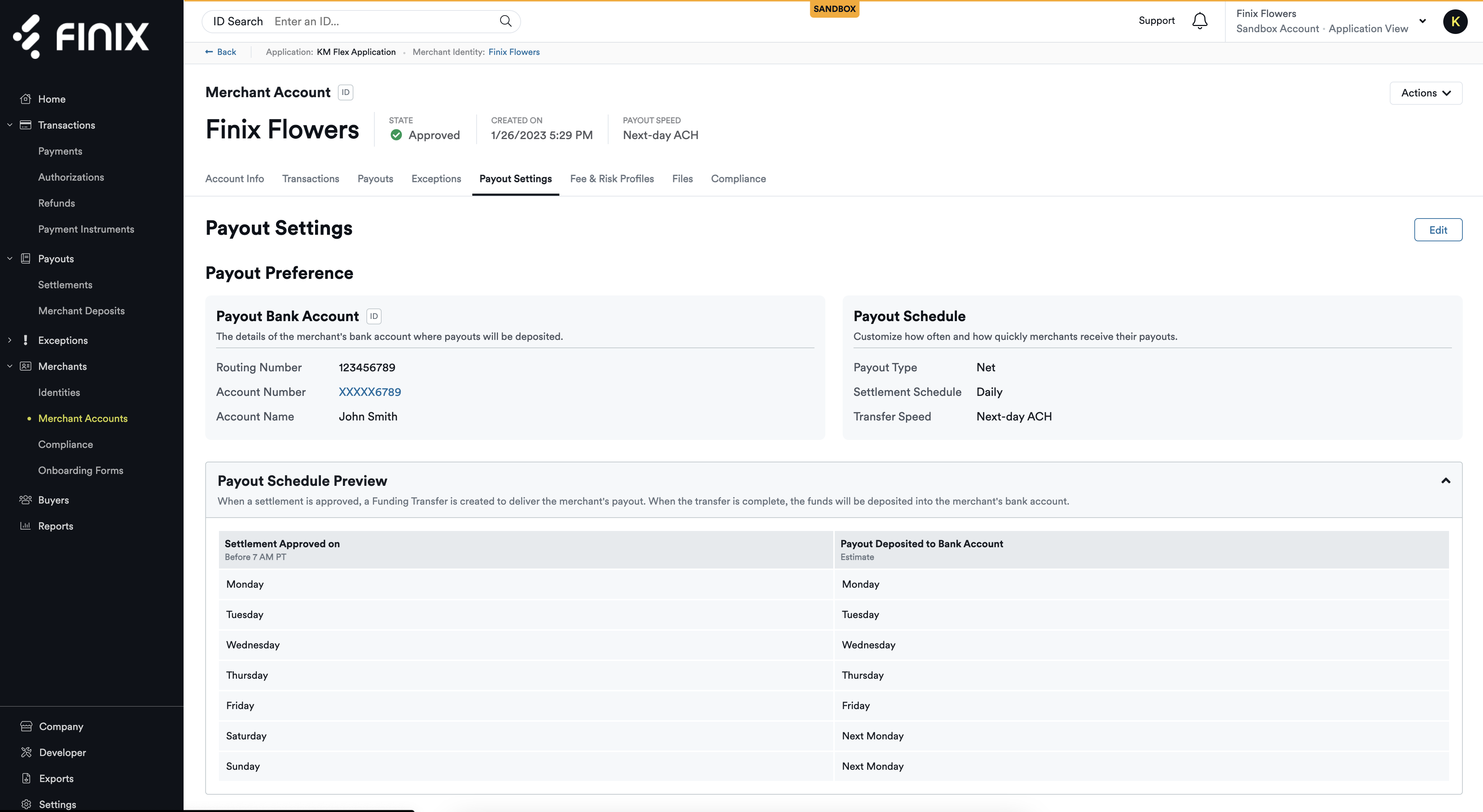 Finix Dashboard - Merchant Accounts