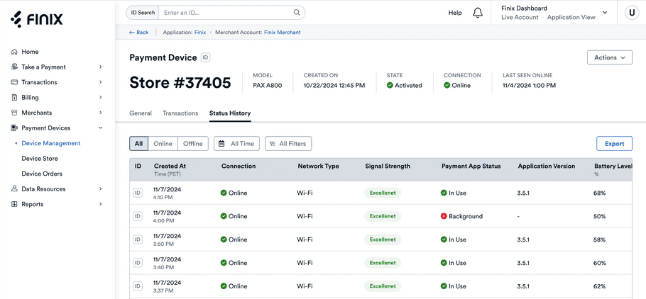 Device status history showing timeline of connectivity and events