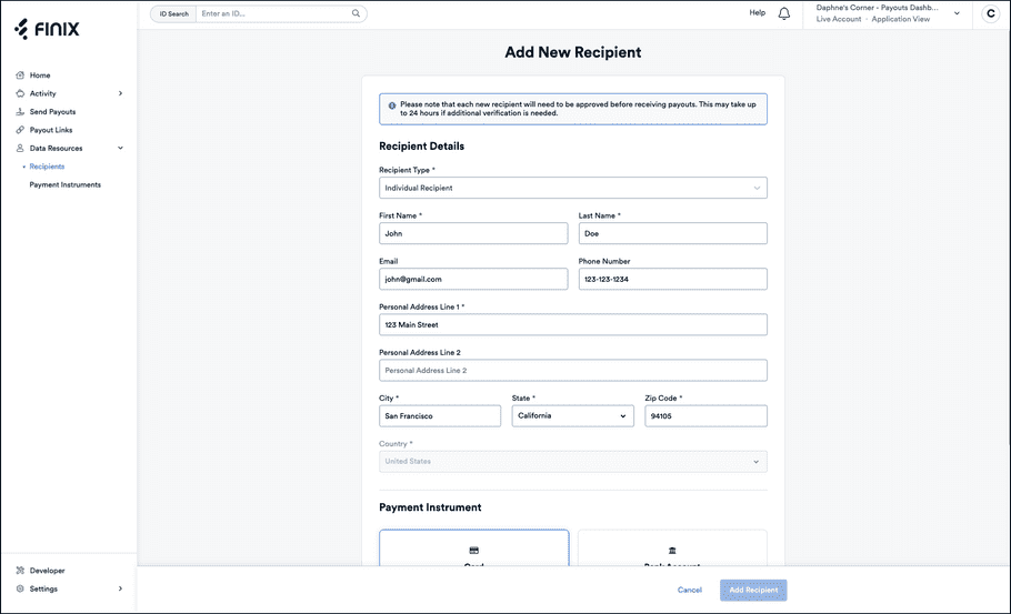 Add Recipients on Dashboard