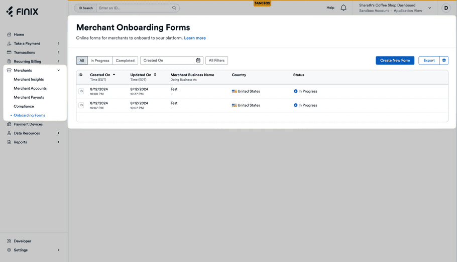 Onboarding Form List Page